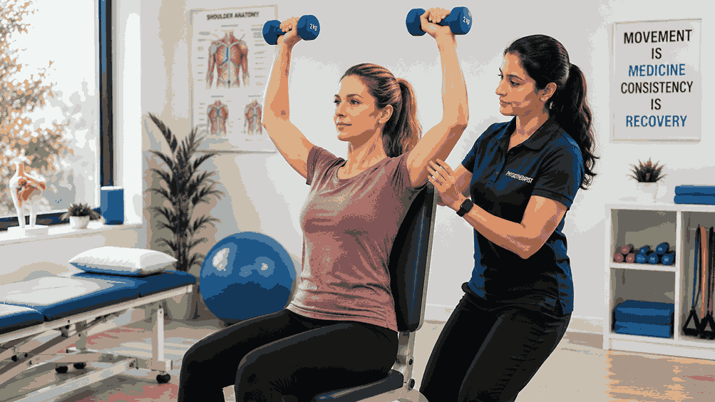 Safe shoulder strengthening with light dumbbells during physiotherapy recovery.