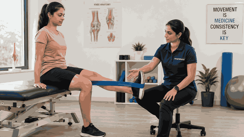 Resistance band knee rehabilitation exercise guided by a physiotherapist.